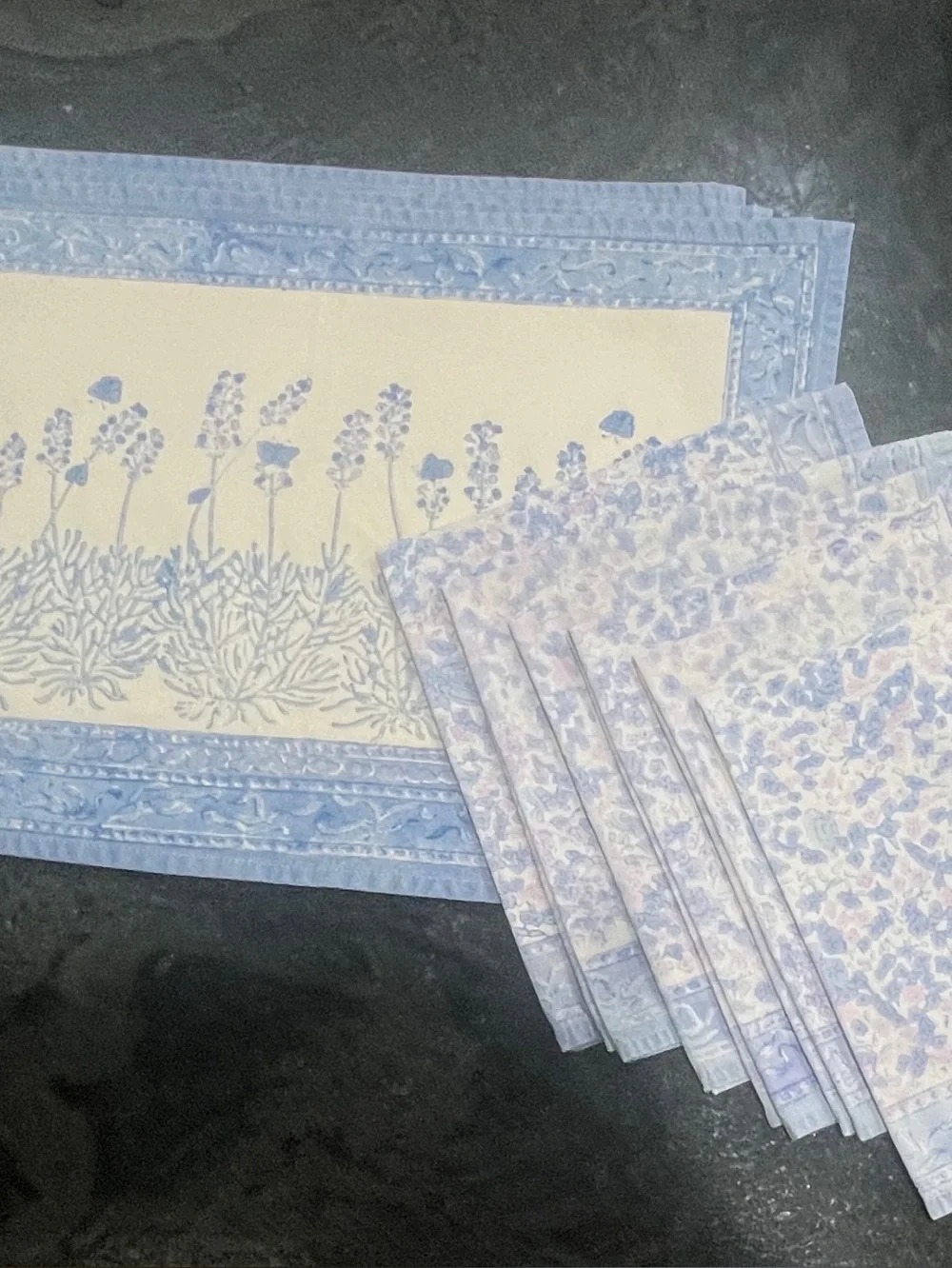 Placemat & Napkin Set Blue, White & Pink Indian Block Floral Set 10 Pieces